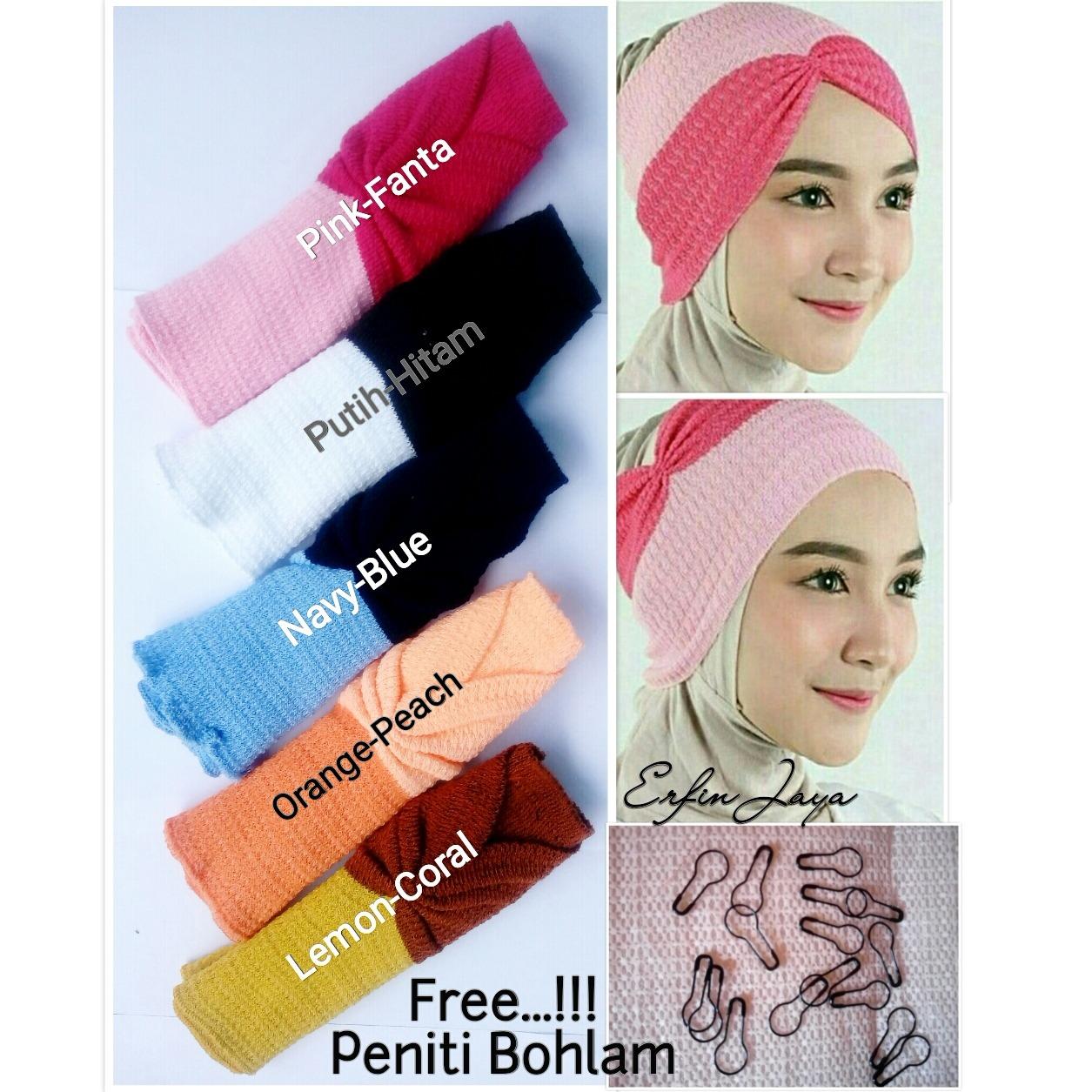 5pcs Bandana Ciput Rajut Risty Kerut Dua Warna Bonus PENITI BOHLAM 10 pc