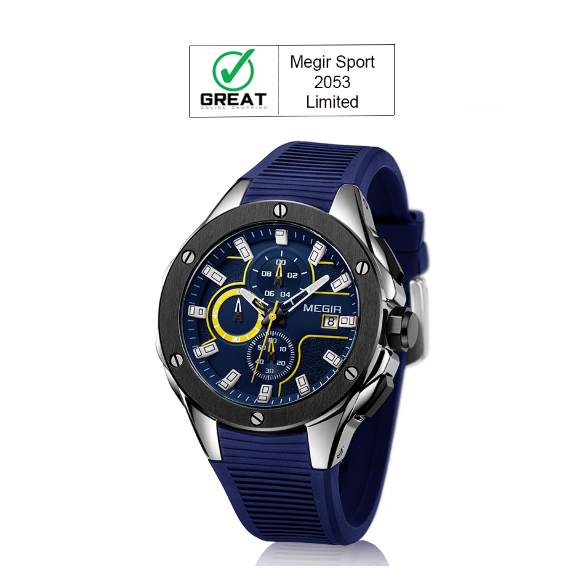 MEGIR MN2053G Jam Tangan Pria Sport Watch Chronograph Tali Silikon Kuarsa Jam Tangan Army Militer Anti Air - Biru