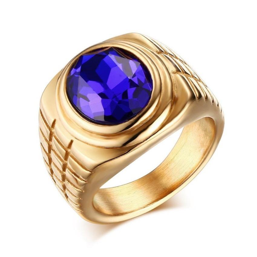 Stainless Steel Fashion Biru Berlian Imitasi Kristal Cincin For Pria And Wanita, Emas