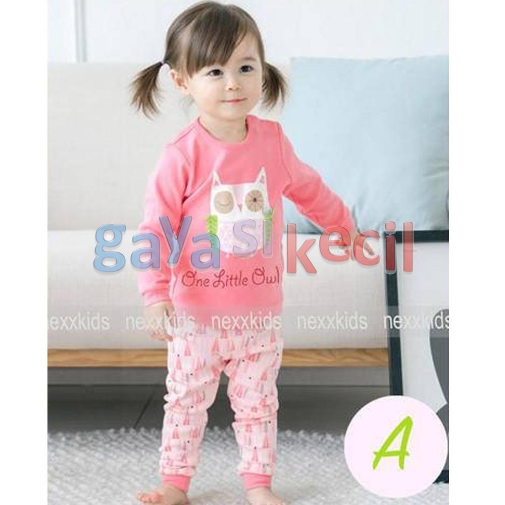 Gaya Si Kecil Piyama Anak Bayi Cewek Perempuan One Little Owl Pink size 6BLN-3TH