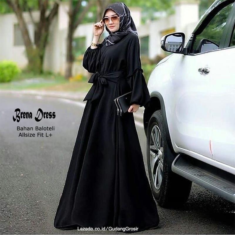 GudangGrosir Brena Dress Long Maxi Bahan Baloteli Warna Hitam - Mustard