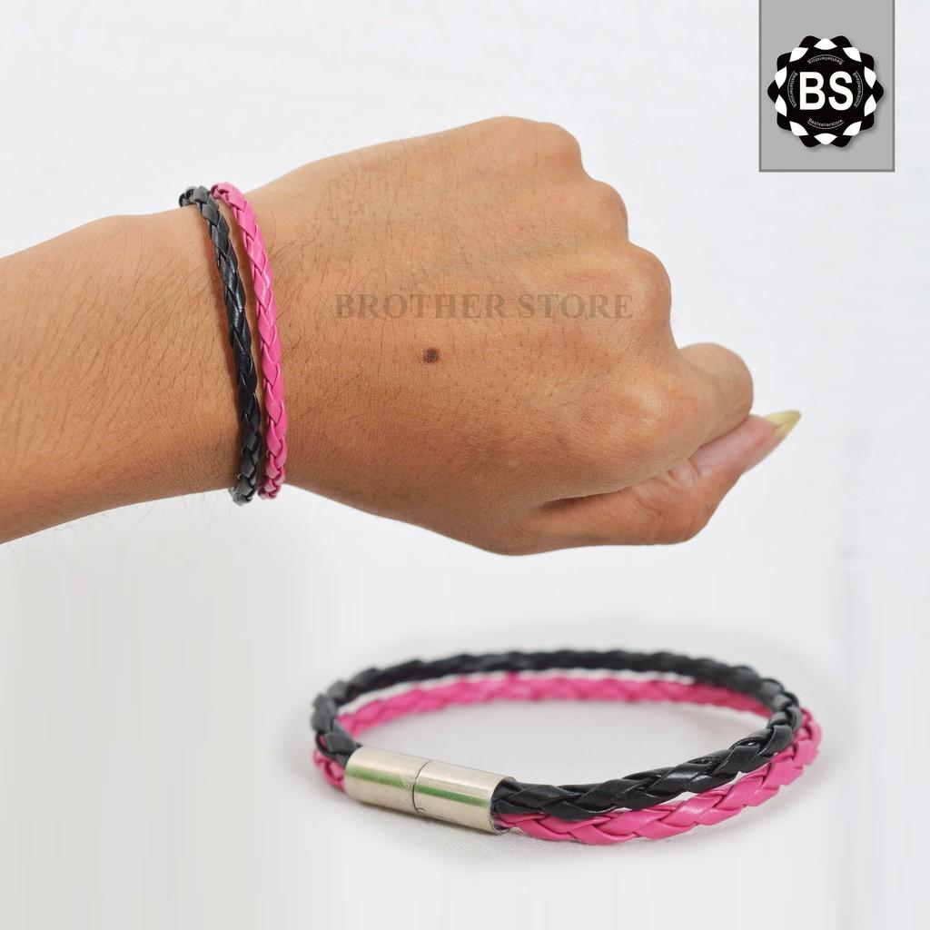 Gelang Kulit I Gelang Distro Pink Hitam