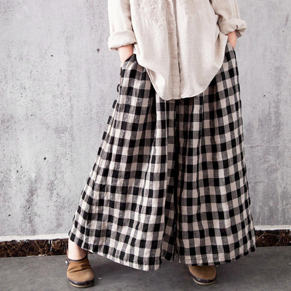 Guo Wanita BoHo Check Kotak-kotak Celana Panjang Longgar Lebar Kaki Kantong Longgar Celana Panjang