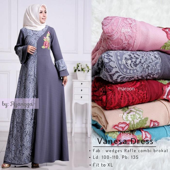 Baju Gamis Brokat Long Dress Maxi Wanita Muslim lengan Vanessa