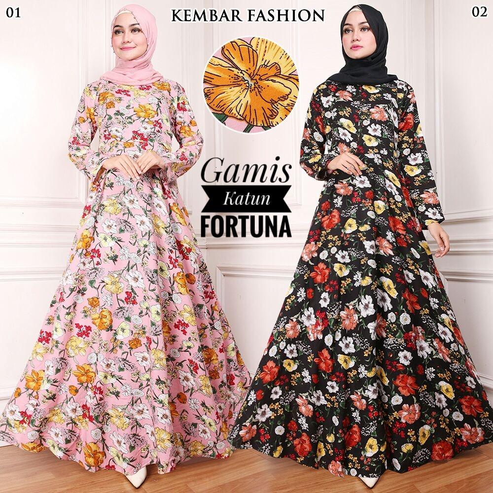Gamis Katun Bunga Fortuna Warna Pink (01) No Pasmina