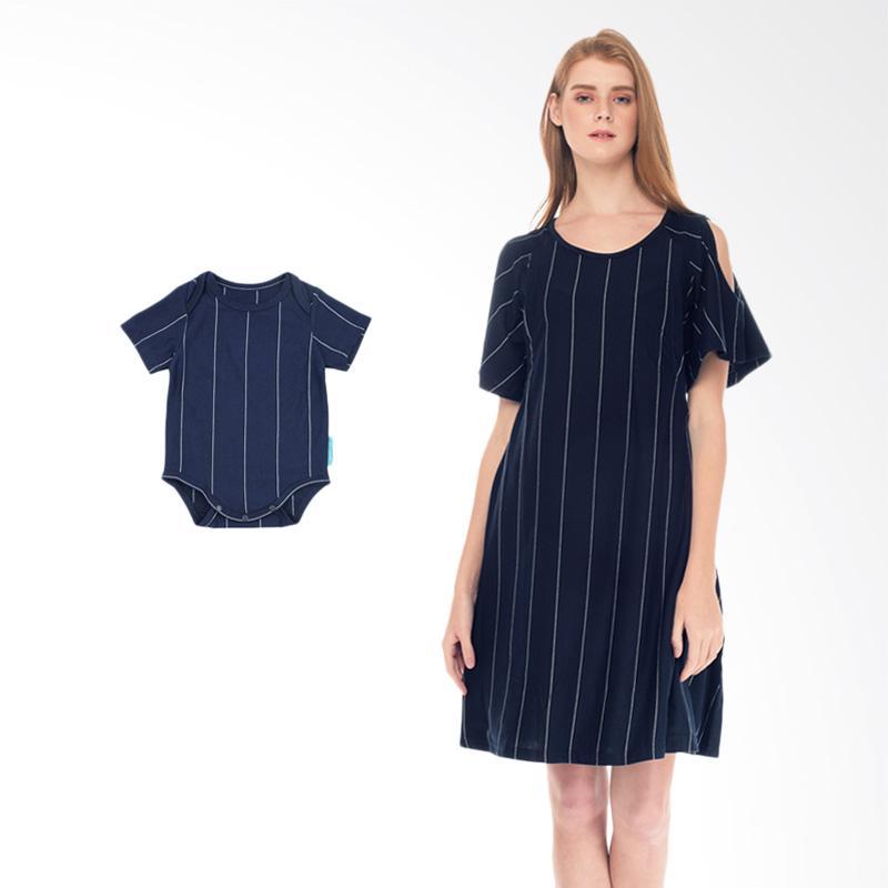 Mooimom Cold Shoulder Nursing Dress & Baby Clothes Baju Hamil Menyusui Couple Ibu Anak - Navy Boy