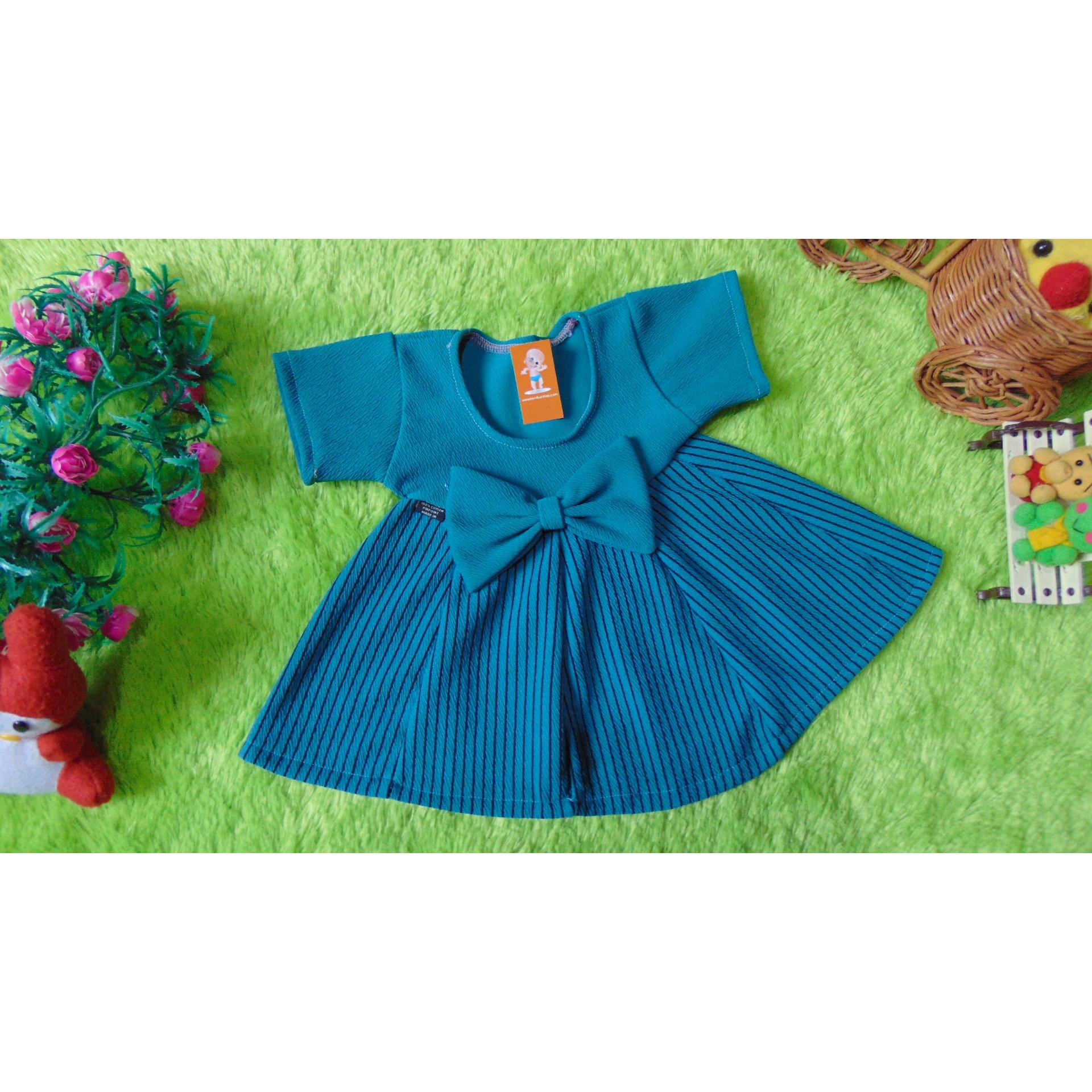 kembarshop - kembarshop - dress baju pesta anak bayi perempuan cewek newborn 0-6bulan pita pastel salur hijau tosca