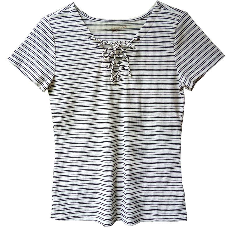 Toko Sikecil Atasan Wanita Blus Lengan Pendek Front Cross Short Sleeves Stripes Blouse Branded Original
