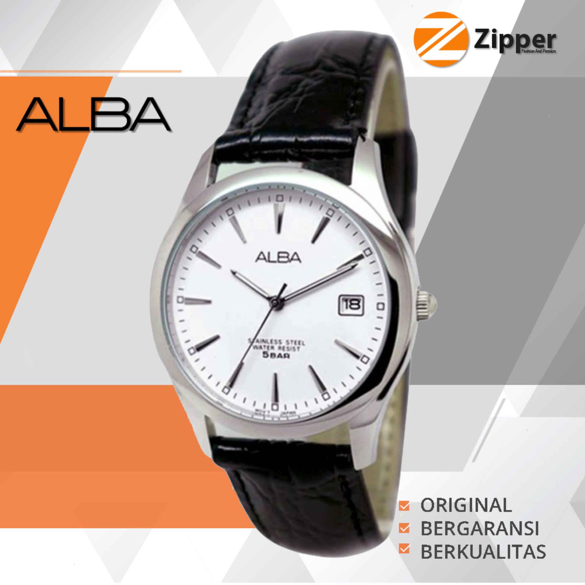 Alba Analog Jam Tangan Pria - Strap Leather - White Black - AXHL65X1