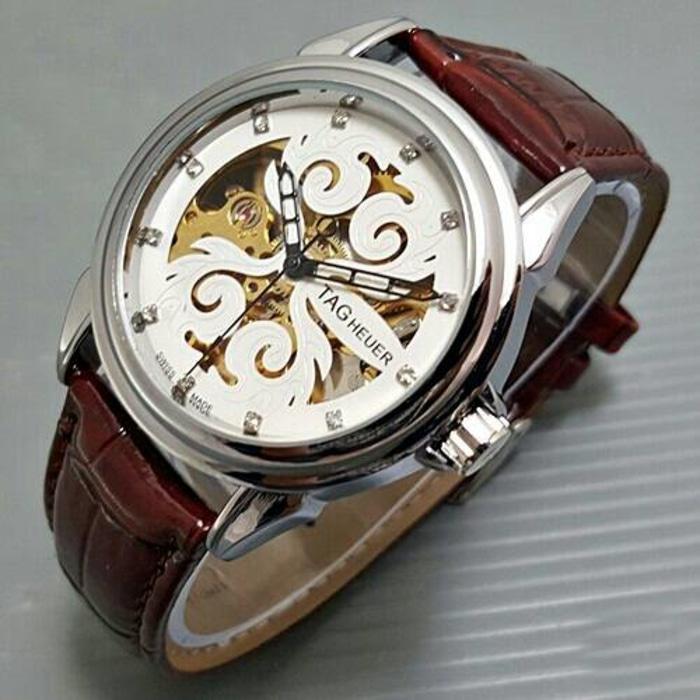 Jam Tangan Pria / Cowok Tag Heuer Skeleton Java Leather Brown
