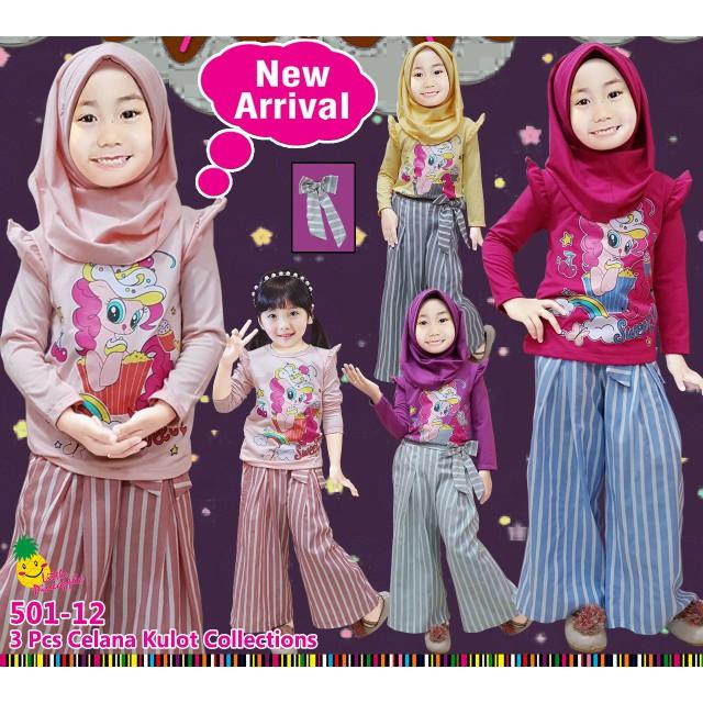 Dijual Baju Setelan Muslim Anak Perempuan LP Pony Cupcake Kulot Katun Garis Berkualitas
