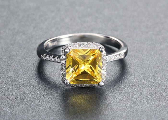 NEW Promo Perhiasan Cincin Silver Lapis Platinum Berlian Imitasi Batu Kuning Kotak BR163 Murah