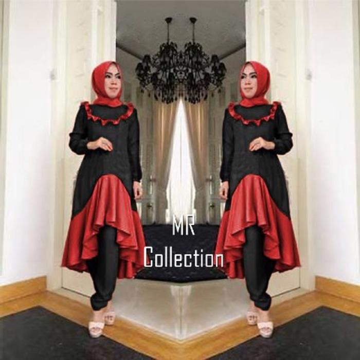 BAJU BUSANA MUSLIM FATHIA SET BLOUSE MERAH HITAM CELANA PLUS PASMINA.