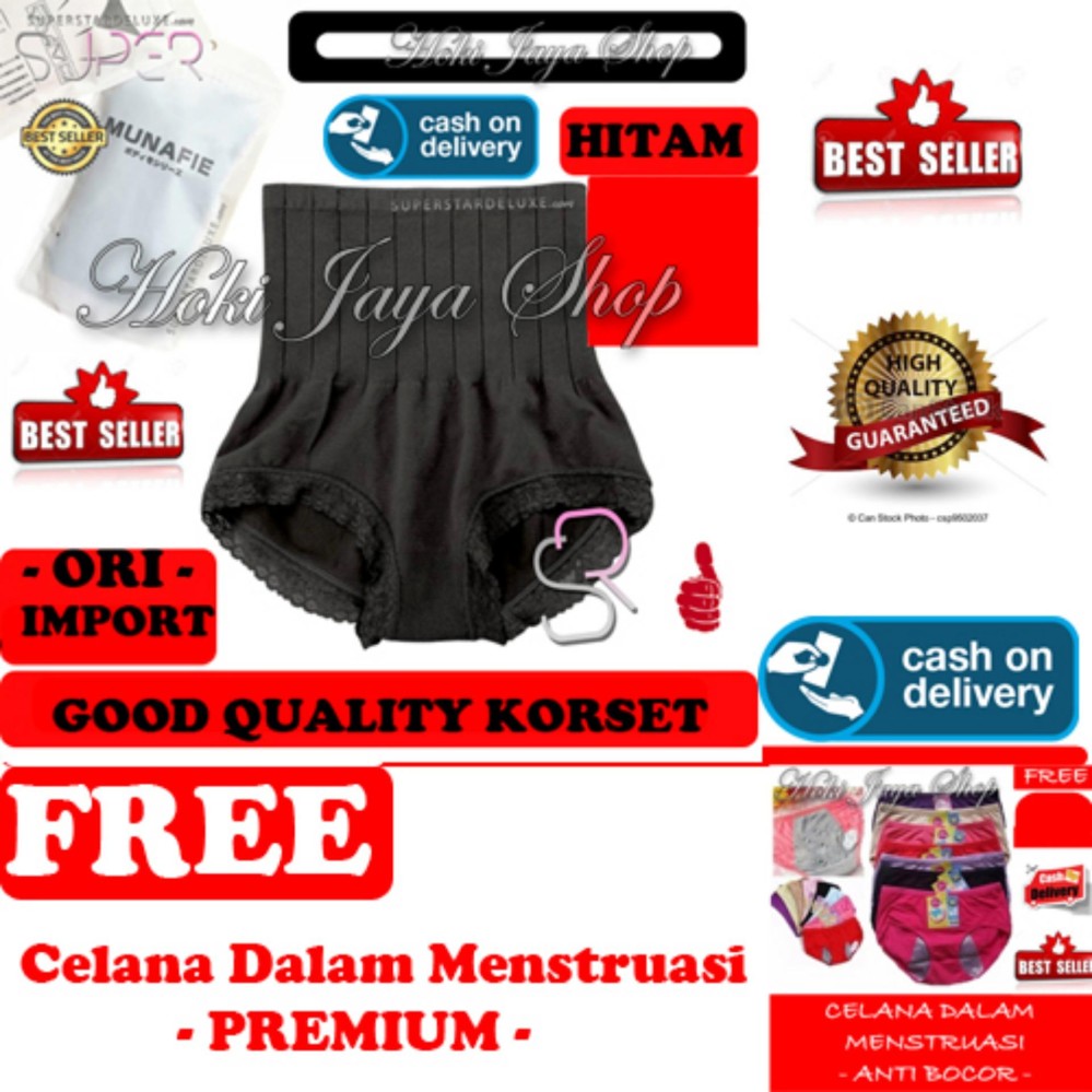 HOKI COD - Munafie Slim Pant Celana Korset - All Size - Hitam + Gratis Celana Dalam Menstruasi Anti Bocor Premium - 1 Pcs