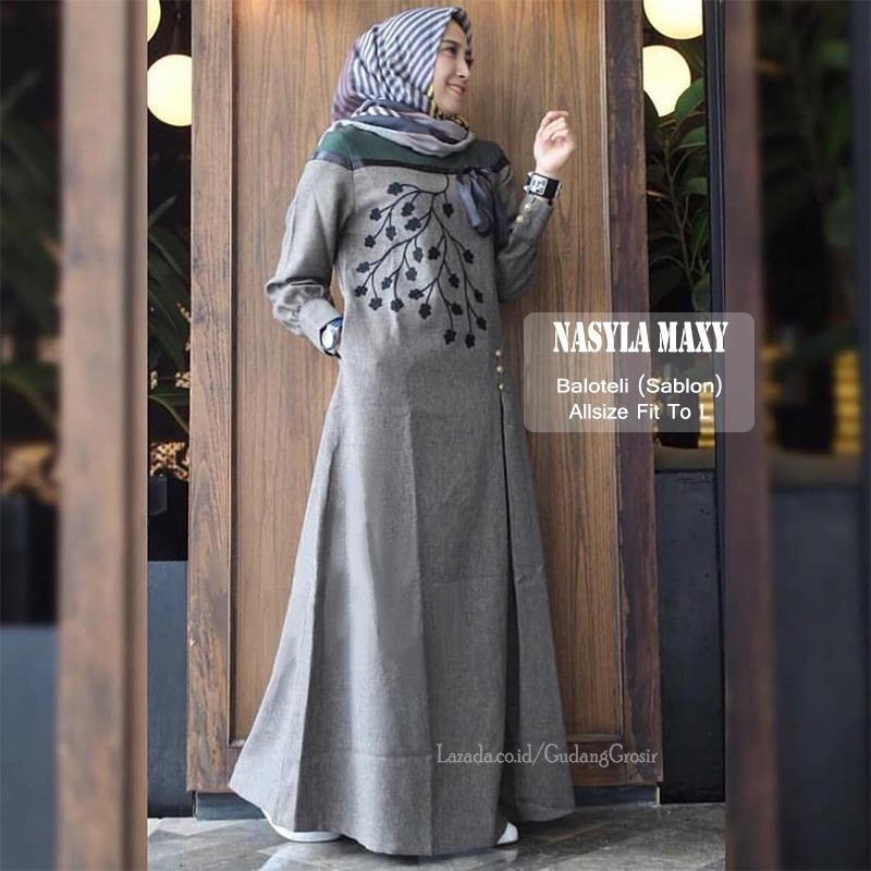 GudangGrosir Long Dress Muslim Nasyla Maxy Bahan Baloteli Warna Maroon - Abu