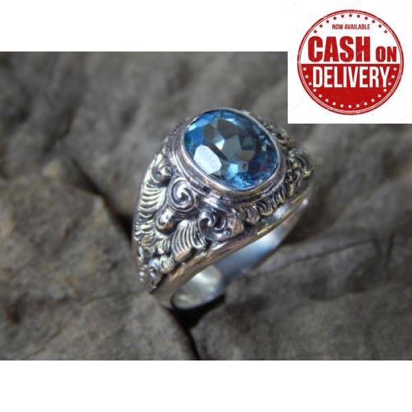 Jnanacrafts Cincin Perak Ukir Bali Batu Blue Topaz
