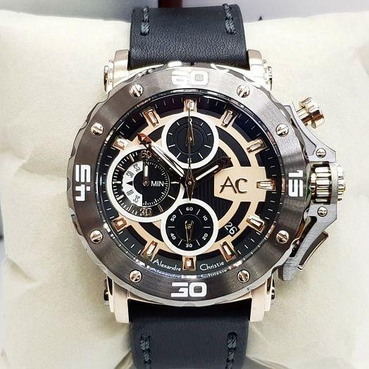 Alexandre Christie AC9205 Original Jam Tangan Pria Stainless Leather Hitam Gold