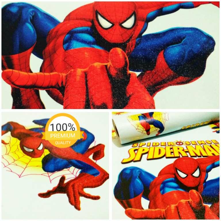 Grosir murah wallpaper sticker dinding kamar ruang indah biru kartun anak lucu spiderman merah biru