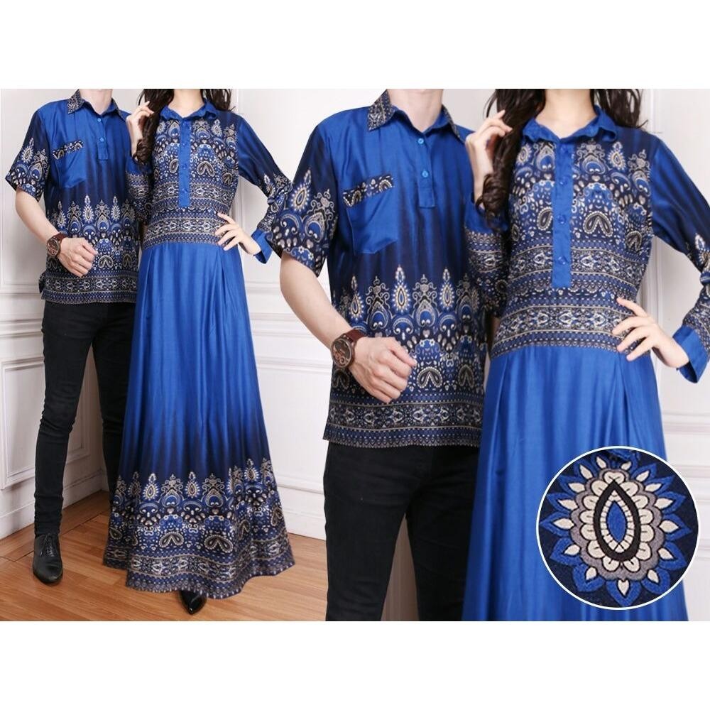 Flavia Store Batik Couple FS0174 - BIRU / Baju Muslim Pasangan / Sepasang Busana / Kemeja Pria Gaun Muslimah Gamis Wanita / Tzcpkartika