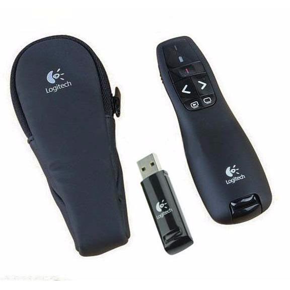 Logitech R400 Premium Wireless Presenter 2.4 GHz Pointer Red Laser Merah Receiver Remote Control Nirkabel Jarak Jauh 15 Meter Presentasi Power Point Presentation PPT for Windows Mac OEM