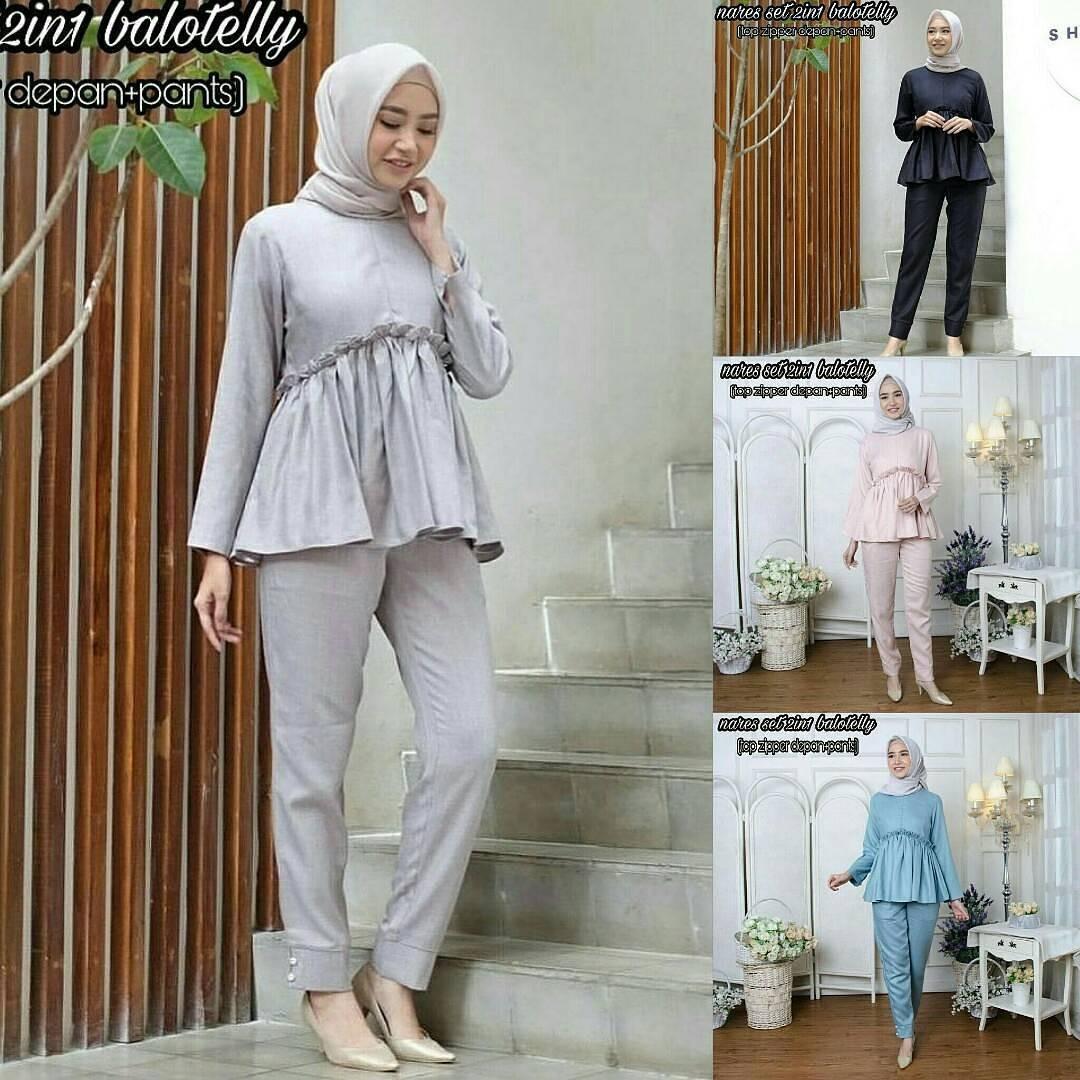 New Baju Original Nares Set 2in1 Balotely Setelan Atasan + Celana Rok Overall Fashion Wanita Pakaian Muslim Cewek Hijab