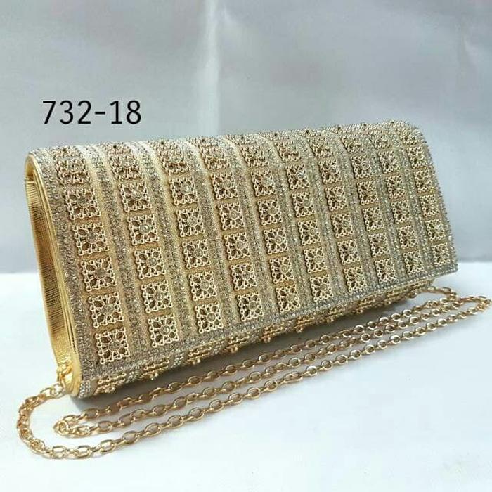 Tas Pesta Kondangan Clutch Import Mata Kristal Berlian Mewah Farnell - Gold
