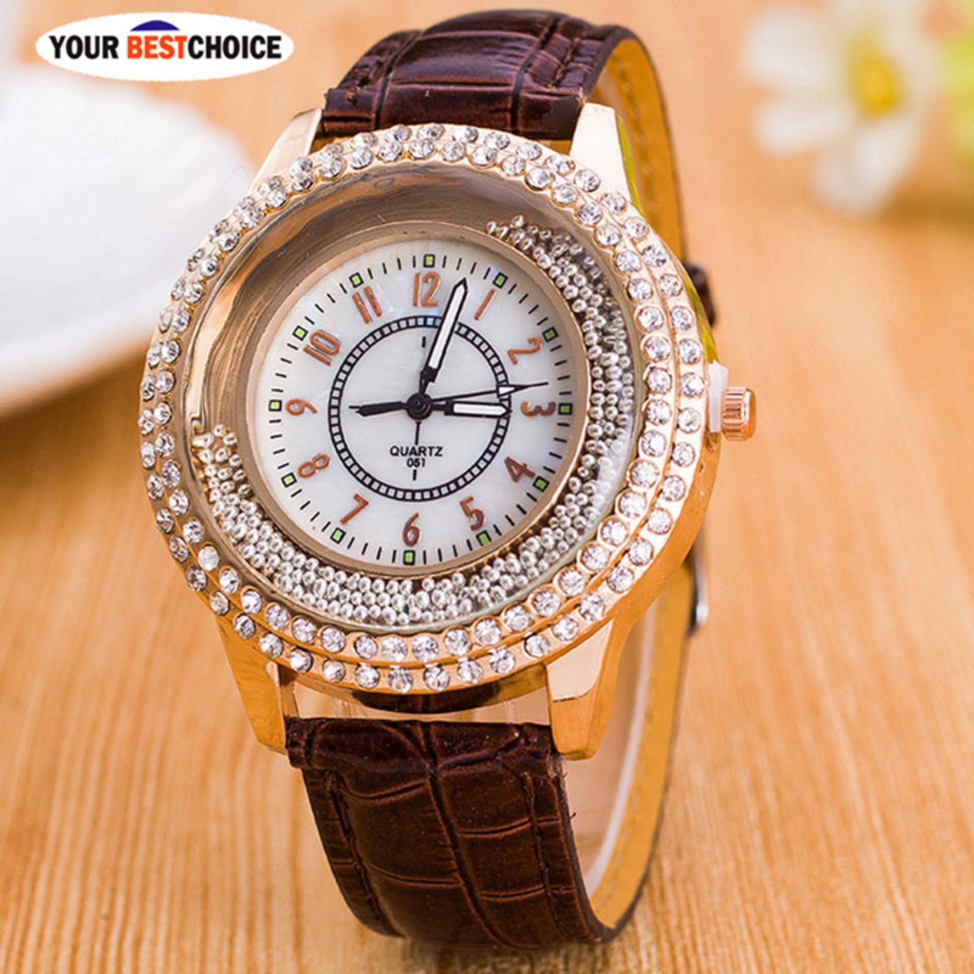YBC Fashion Women PU Leather Watch Berlian Imitasi Kuarsa Jam Tangan Hadiah- Intl