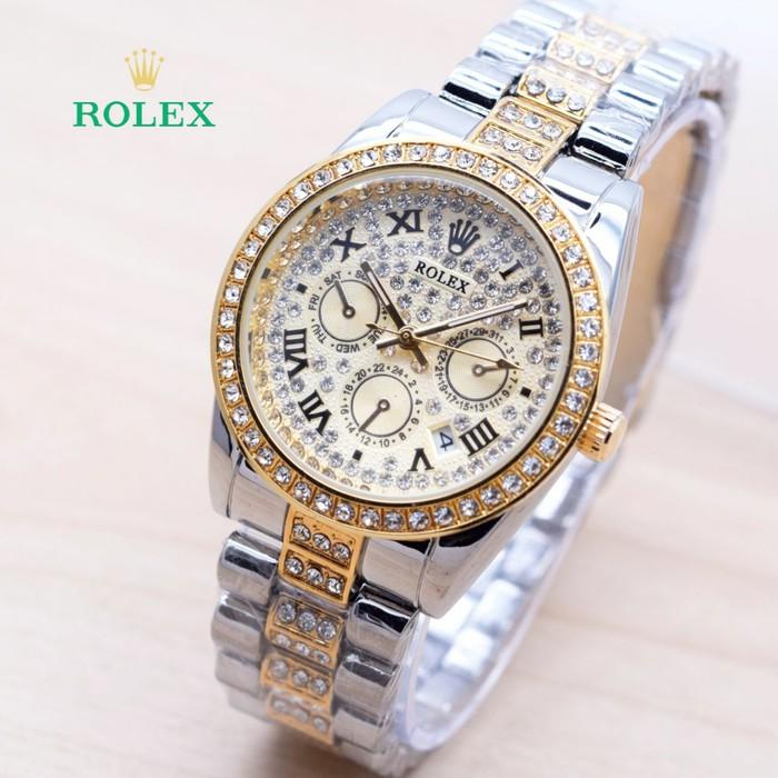 Jam Tangan Wanita / Cewek Murah Rolex Romawi Diamond Rantai Kombi Gold