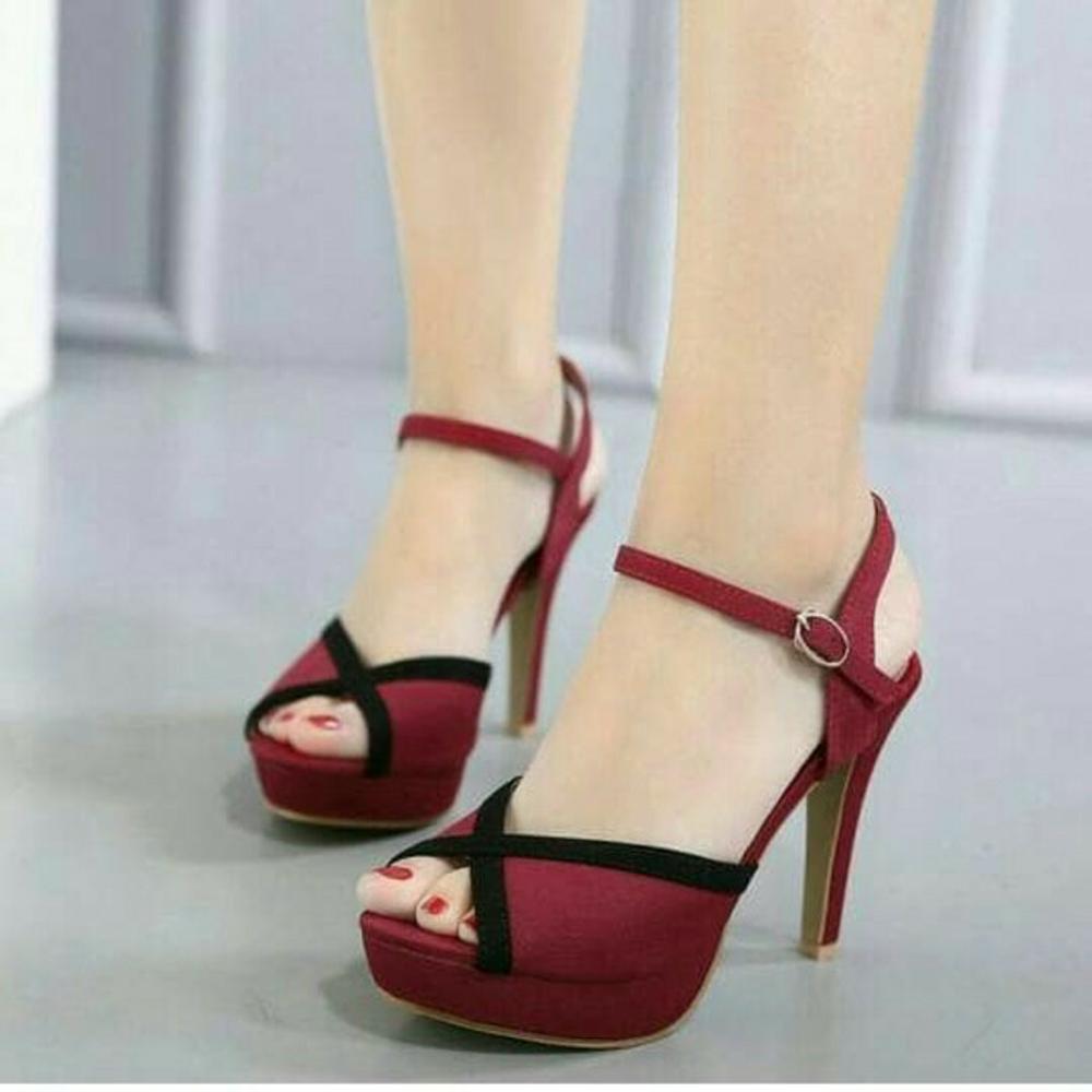 EZELL SHOP Sepatu Wanita High Heels Cewek Merah Hitam Tali Murah