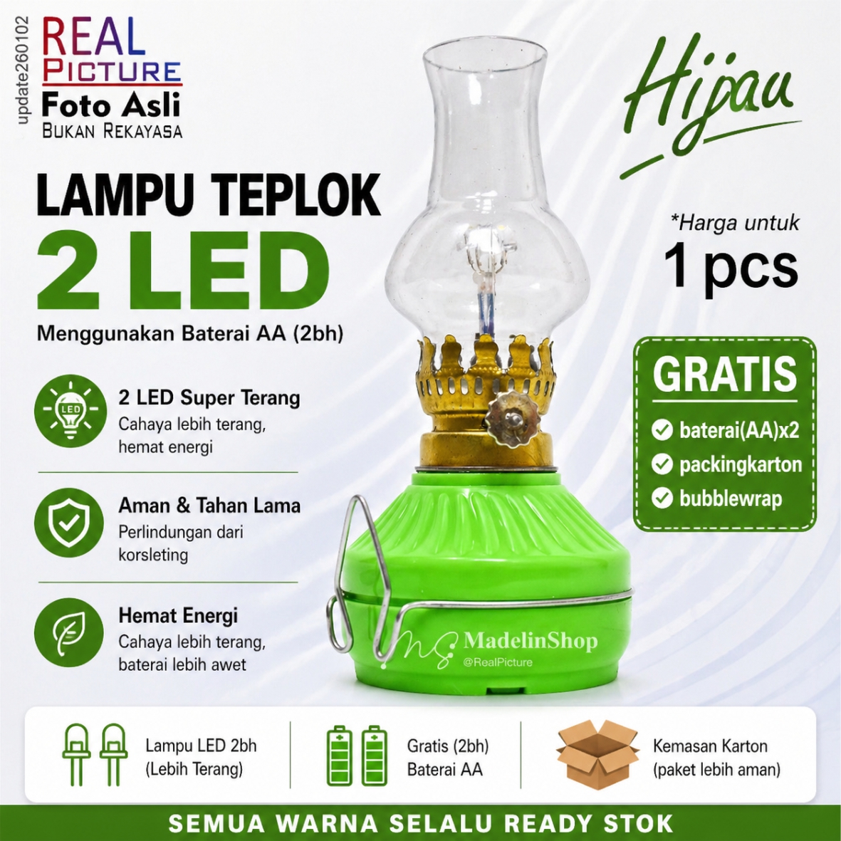 Lampu Teplok 2 LED Jadul Plastik Gratis Bateray AA Emergency Light Tempel Dinding Tanpa Minyak Retro