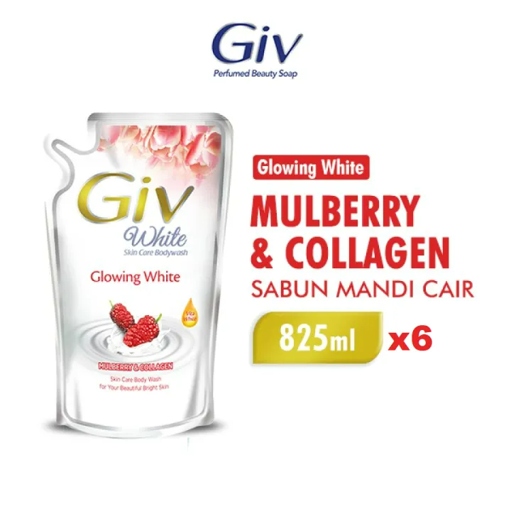 [Paket Isi 6] GIV White Sabun Mandi Cair Mulberry Pouch 825ml