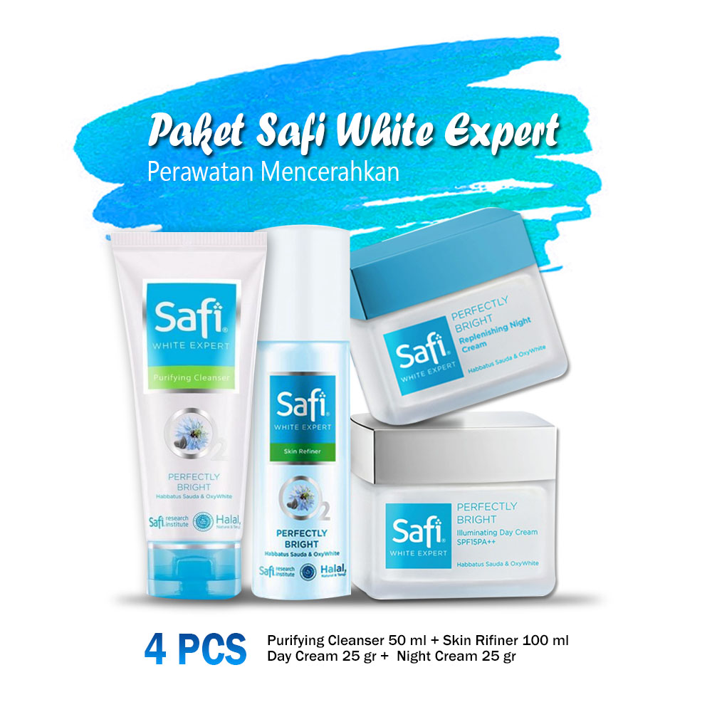 Paket Safi White Expert 4 pcs (Purifying Cleanser 50 ml + Day Cream 25 gr + Night Cream 25 gr + Skin Rifiner 100 ml) Untuk Kulit Normal