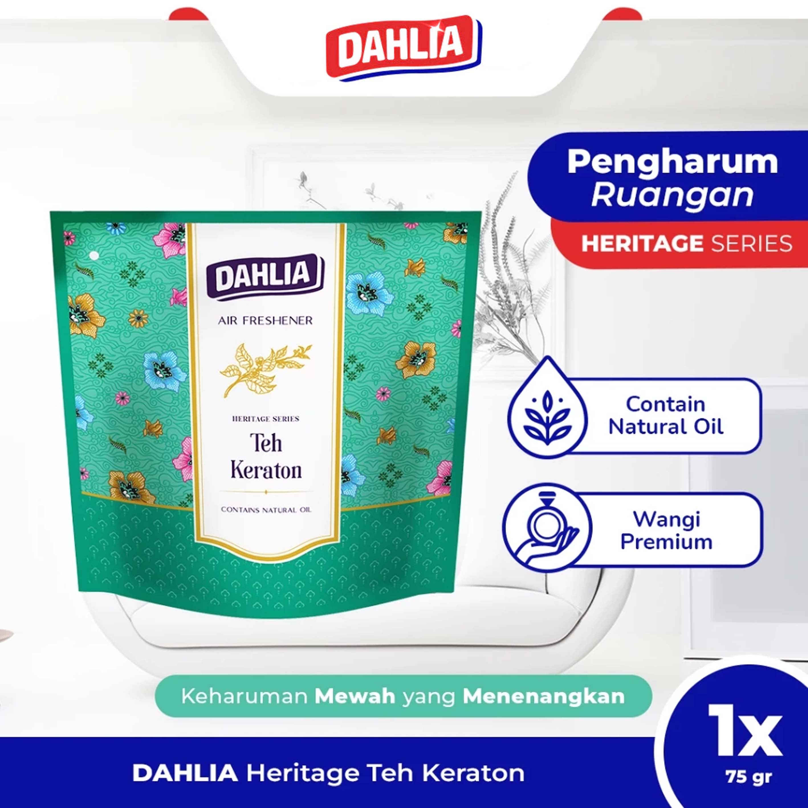 DAHLIA Air Freshener All In One Pengharum Ruangan 75gr/55gr - Teh Keraton | Cendana | Arum Dalu | Apple Harmony | Fresh Lychee | Jolly Orange | Tropical Melon