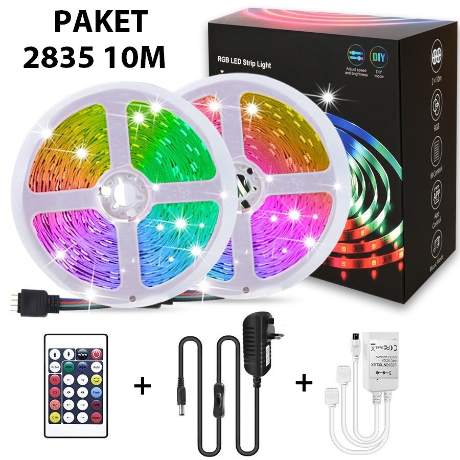LAMPU LED STRIP 3528 2835 10M RGB WARNA WARNI IP44 AC 220V + ADAPTOR + REMOTE