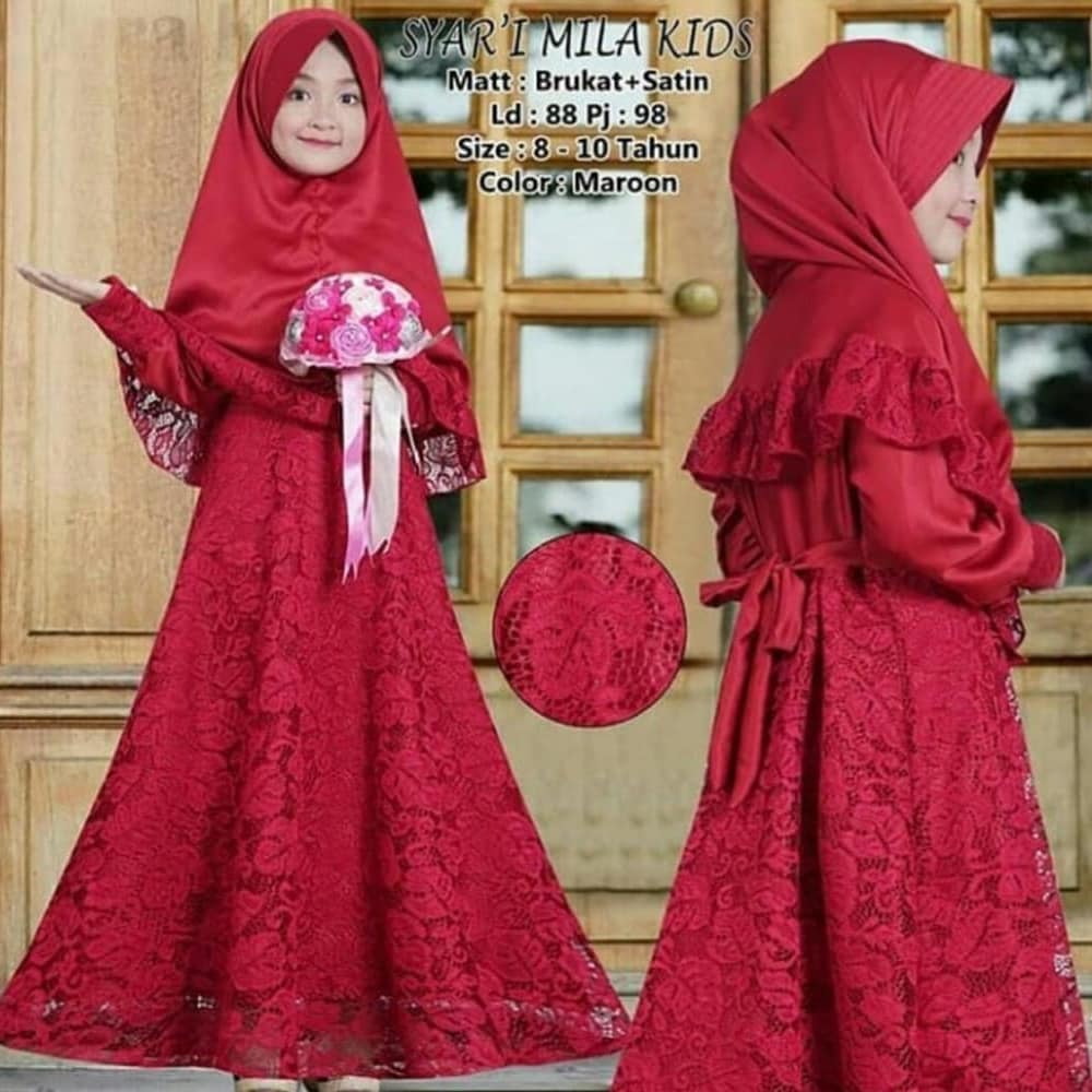 MILLA KIDS BO Gamis Anak Perempuan Baju Muslim Anak  Terbaru 2020 Umur 6 - 8 Tahun (Dapat Khimar)