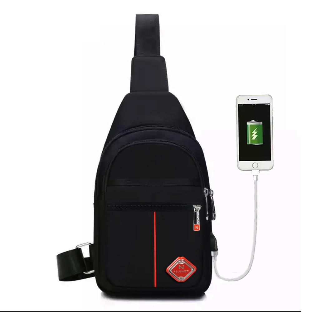 ... Polo Net Tas Selempang Slempang Pria USB Chestbag Slingbag Bahu Import SM08- Black - 4 ...