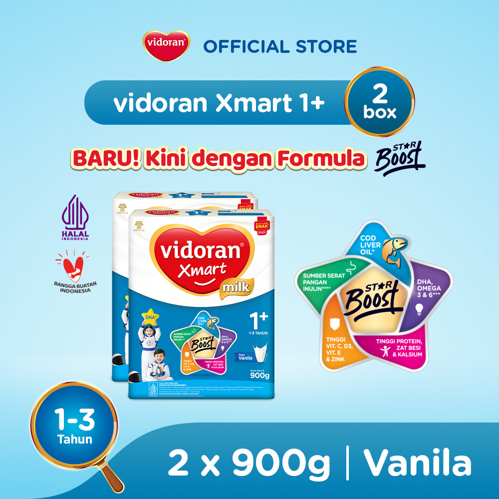 vidoran Xmart 1+ Vanilla 900gr Susu Formula Pertumbuhan Anak 1-3 Tahun - 2 box (Exp : 07.2027)