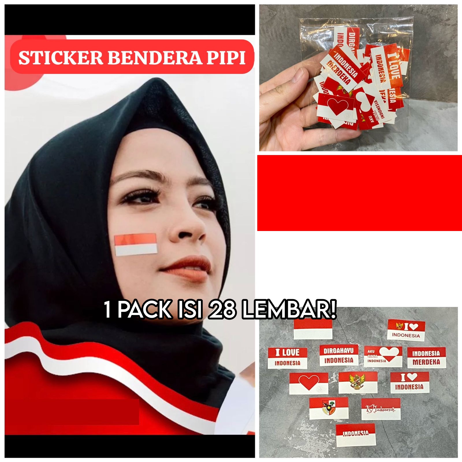 Sticker Pipi HUT RI Bendera Merah Putih ISI 28 PCS / Sticker Bendera Merah Putih Pipi