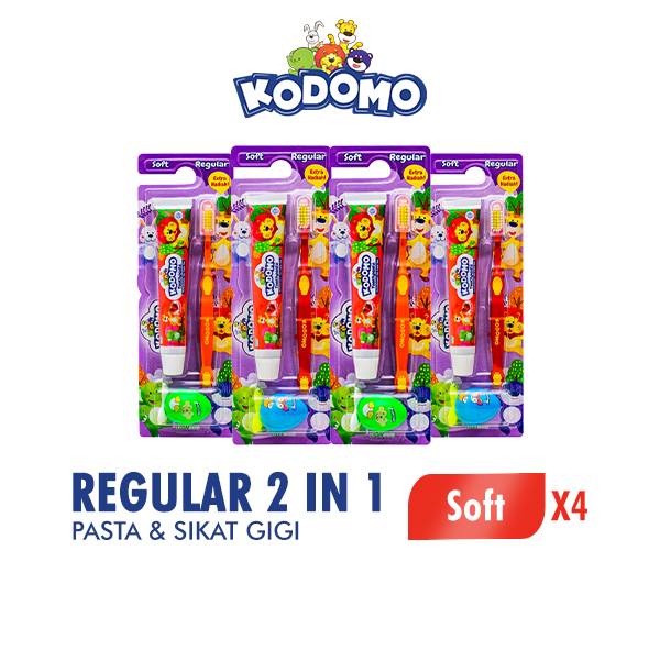[Paket Isi 4] KODOMO Sikat Gigi Reguler 2 IN 1 - Random Design / Color