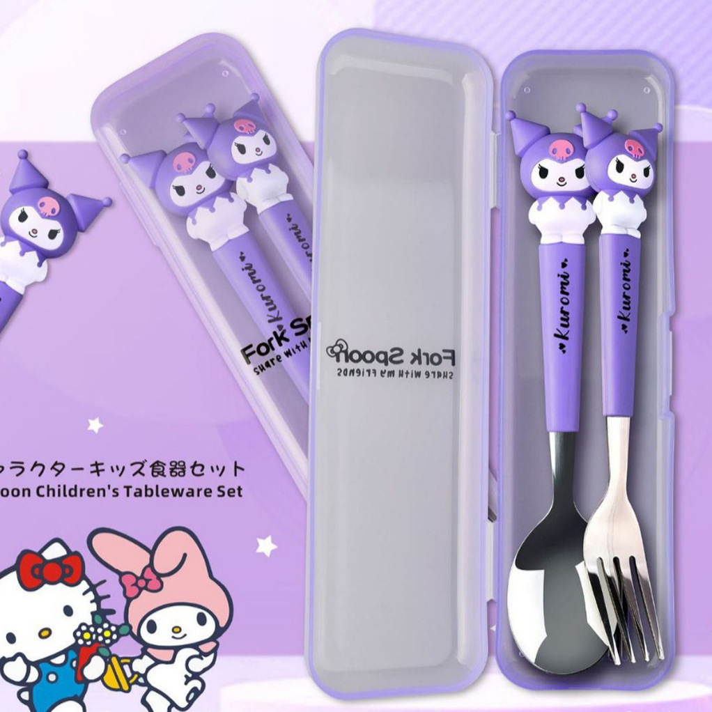 Sendok Garpu Set Kotak Hadiah Karakter Sanrio Kuromi Stainless Steel Tas Hadiah Lucu/komey