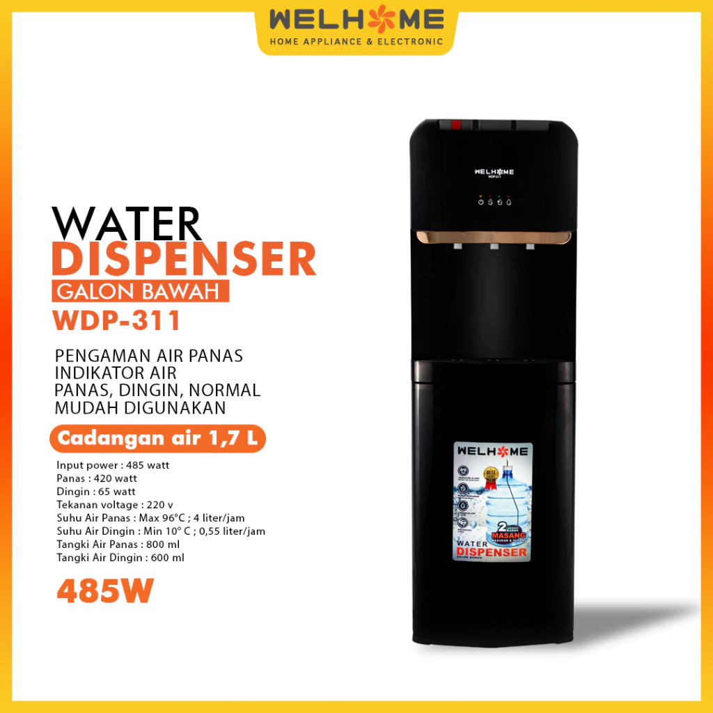 Welhome Dispenser Galon Bawah Hot and Cool 3 Kran - WDP311 - FREE ONGKIR Jabodetabek