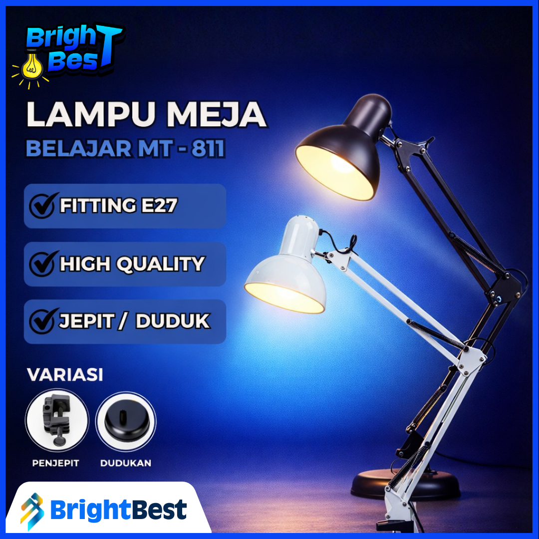 Lampu Meja Arsitek MT-811 Putih & Hitam dengan Bracket Fleksibel Portable & Kantor E27 Merah Saklar Tinggi 55cm Diameter 12.5cm Cocok untuk Belajar & Kantor