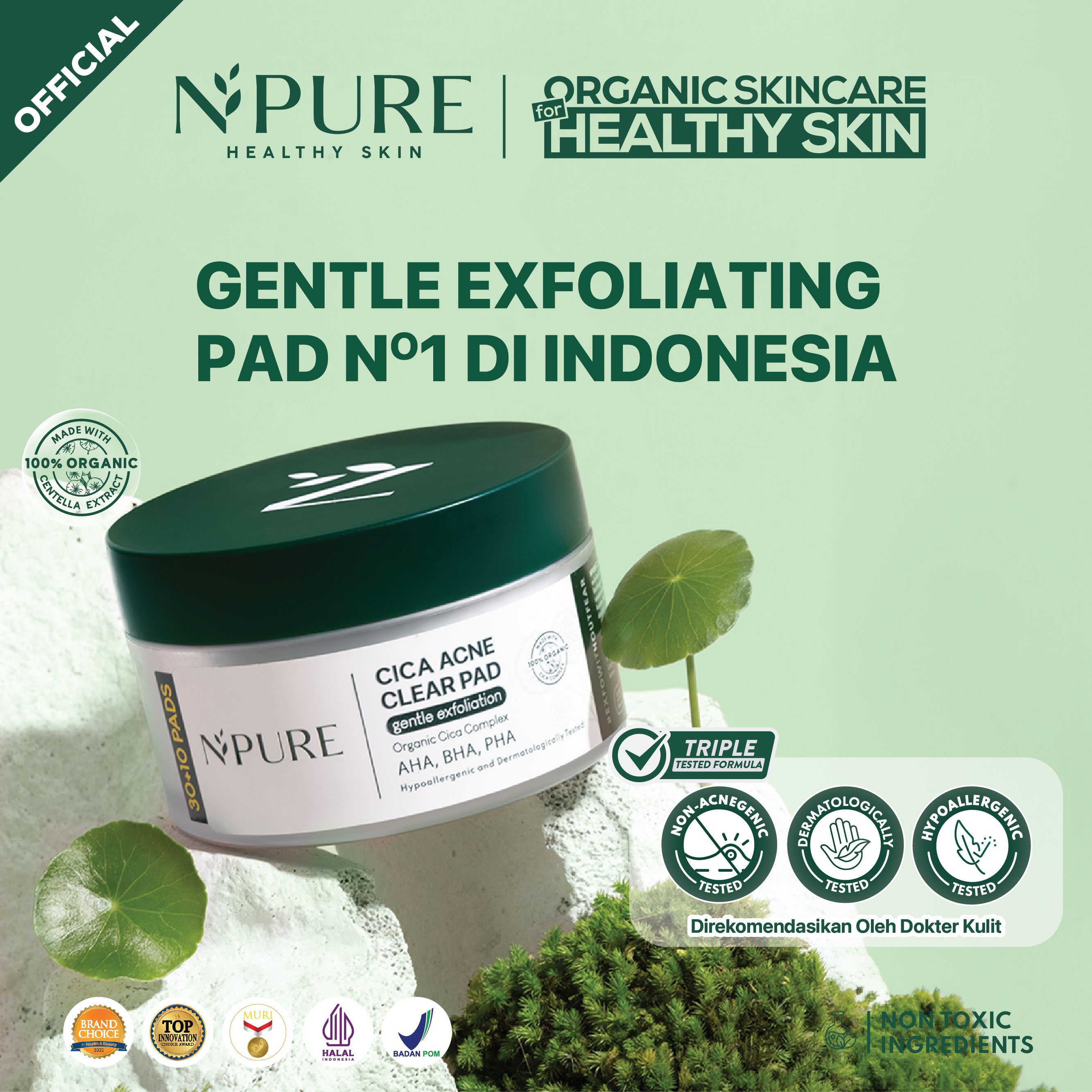 NPURE Cica (Centella) Acne Gentle Exfoliation Pad 40 pcs / Kapas Eksfoliasi / Kulit Berjerawat / ...