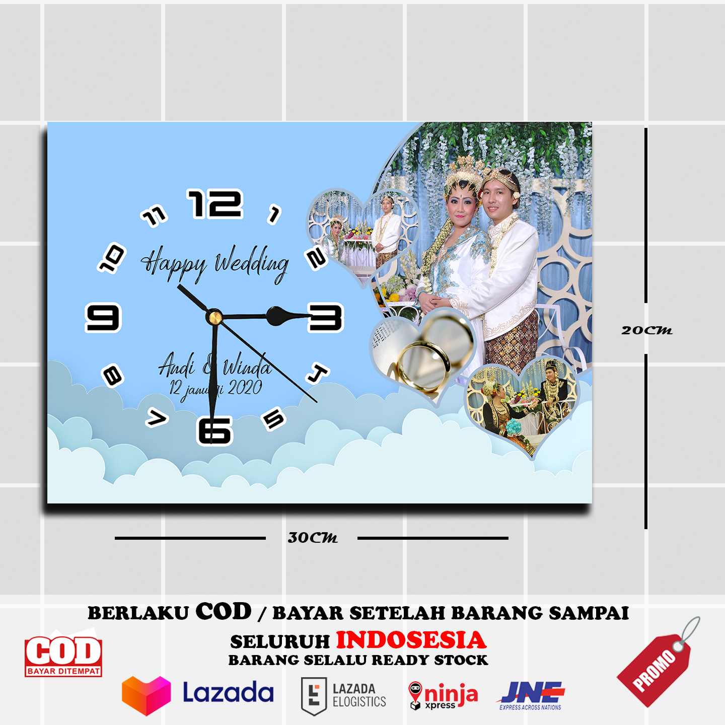 COUSTOM JAM FOTO SENDIRI UKURAN 20X30CM UNTUK KADO ATAU HIASAN SENDIRI BISA UNTUK ULTAH WEDDING ANNIVERSARY DAN WISUDA UKURAN 30X20CM