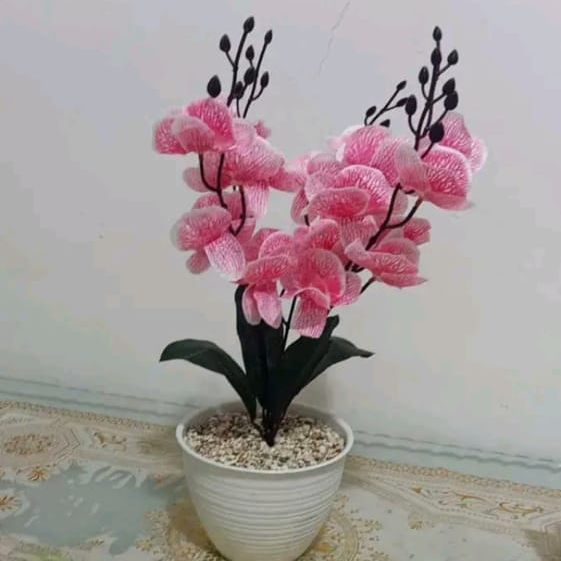 BUNGA ANGGREK ARTIFICIAL5 TANGKAI POT PLASTIK TINGGI 50CM // BUNGA DEKORASI RUMAH