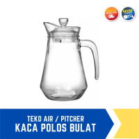 Pitcher Kaca Glass Teko Air Minum Water Jug Kedaung Ukuran Sedang 13 Liter Tahan Panas dan Dingin Model Cembung Polos Cantik Besar Murah Set Dengan Tutup Plastik Untuk Sajian Kopi Teh Jus Sirup Susu Food Grade Tebal Kualitas Terbaik