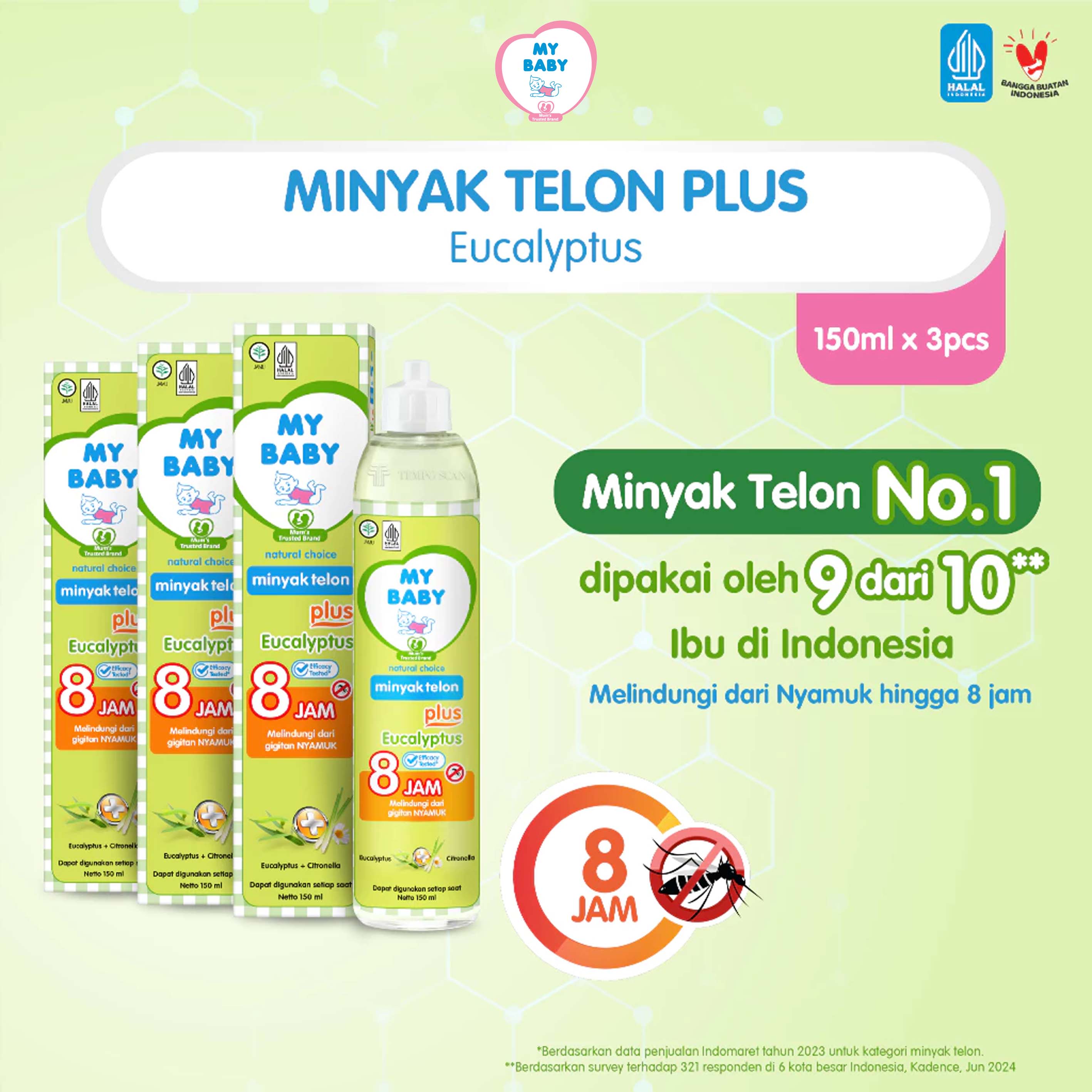 [PAKET 3PCS] MY BABY Minyak Telon Plus Eucalyptus & Lavender 30ml | 60ml | 90ml | 150ml - Minyak Bayi Anti Nyamuk 8 Jam
