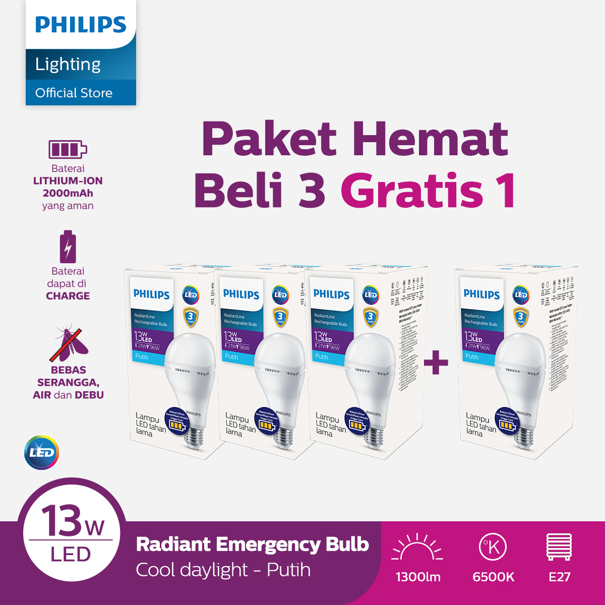 [Exclusive Lazada] Beli 3 Gratis 1 Lampu Philips Radiantline Emergency LEDBulb 13W 6500K Putih