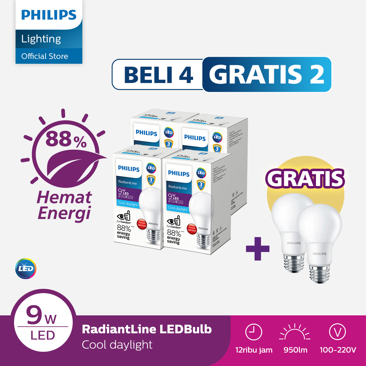 Lampu Philips Beli 4 Gratis 2 Lampu Radiantline LEDBulb 9W Putih