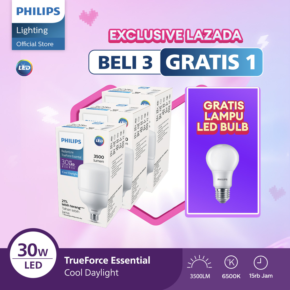 [GRATIS LAMPU] Philips Lampu LED Paket Lampu Lebih Cuan Beli 3 Lebih Hemat Radiantline Trueforce 30W 6500k Putih GRATIS 1 Lampu LED Bulb
